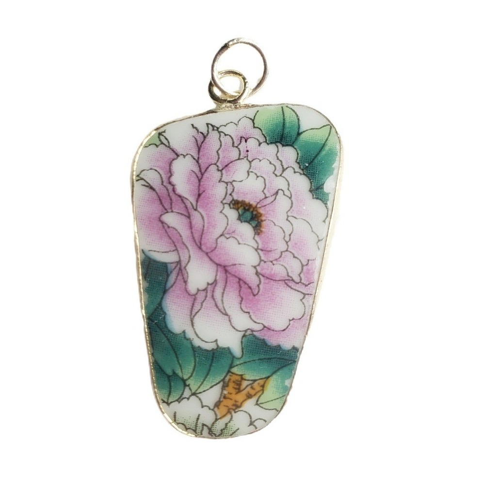 Vintage Transferware‎ China Pink Peony Floral Porcelain Pottery Shard Pendant